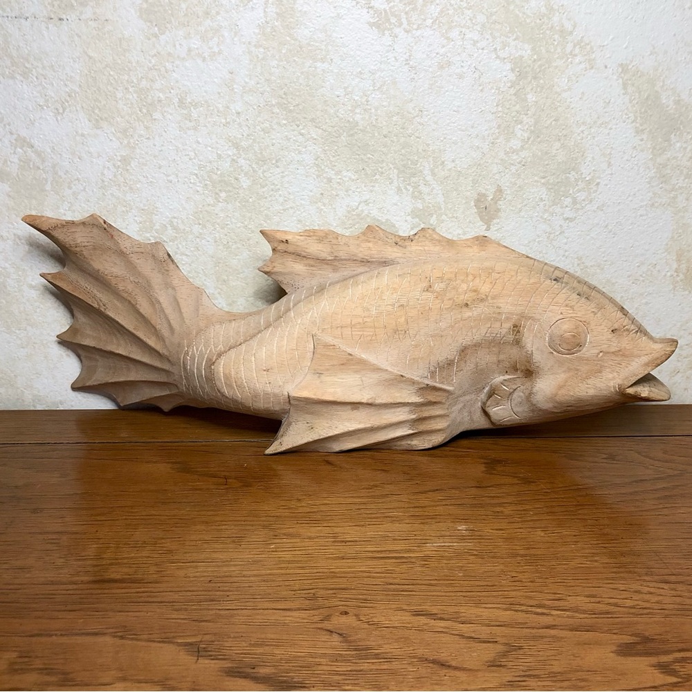 Whimsical carved wood, artist signed koi fish